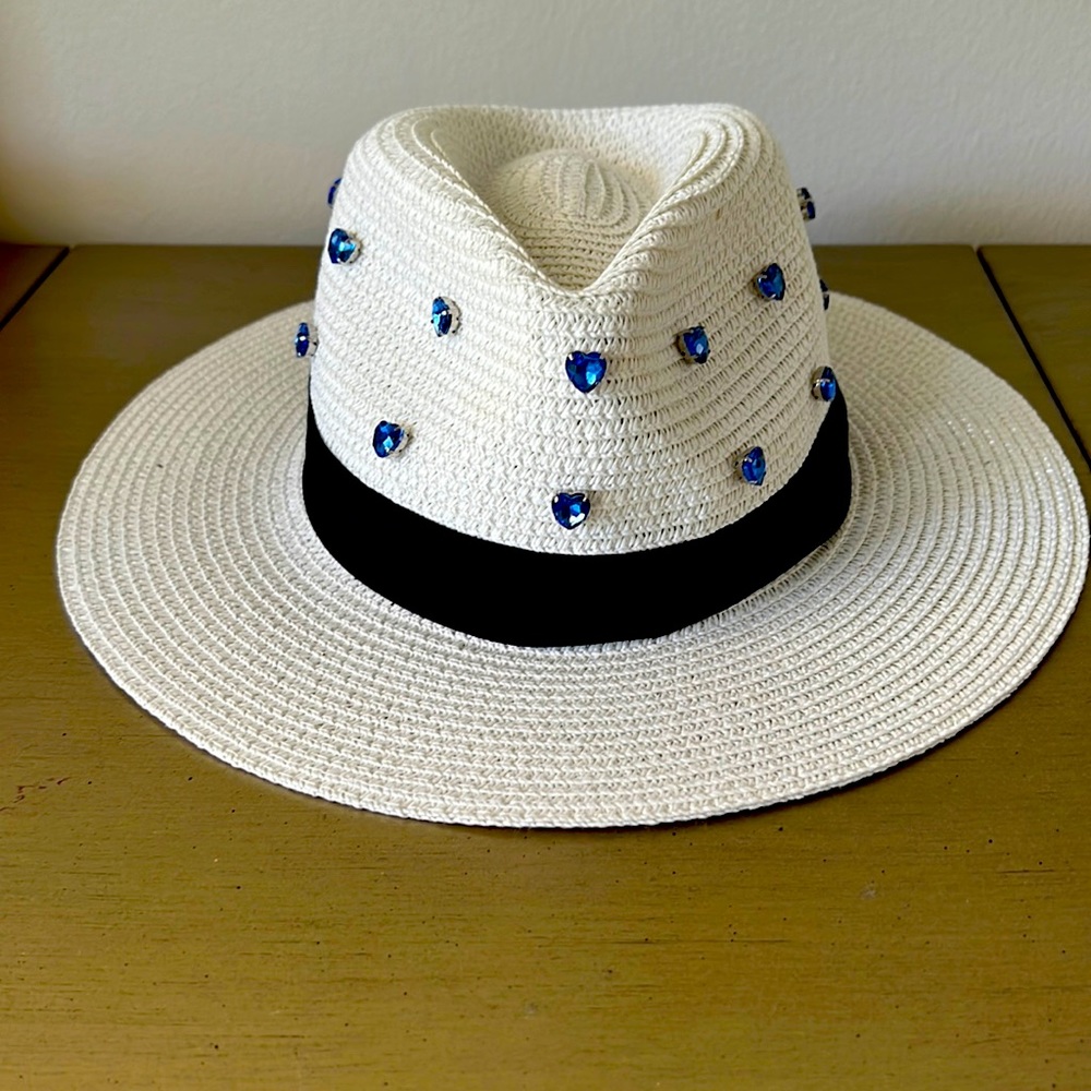 Original fun handmade Panamahat with blue hearts crystals